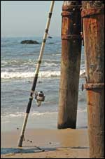 Fishing pole leaning against an oceanside pier.